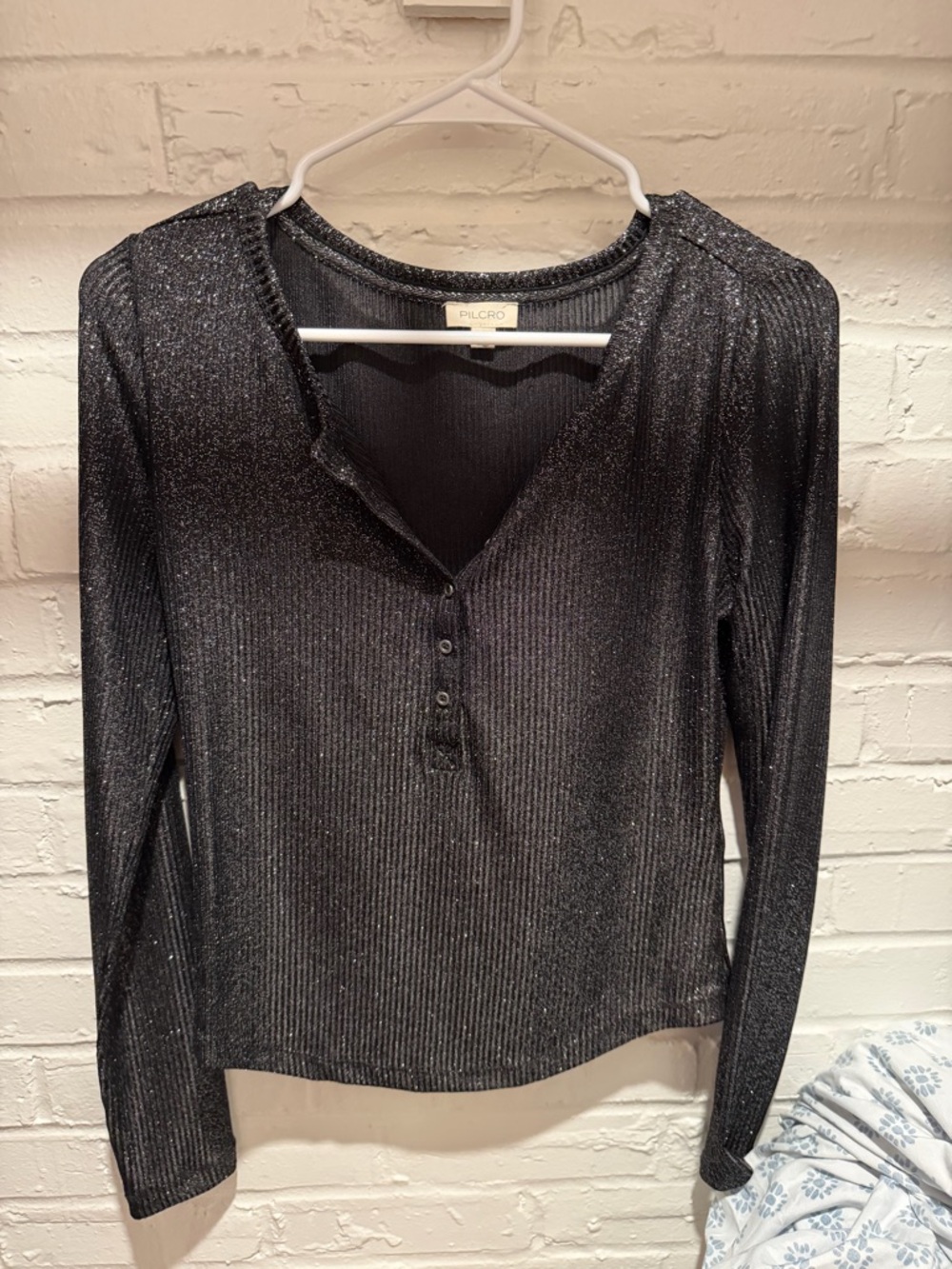 Pilcro Metallic Black Ribbed Henley Long Sleeve Top